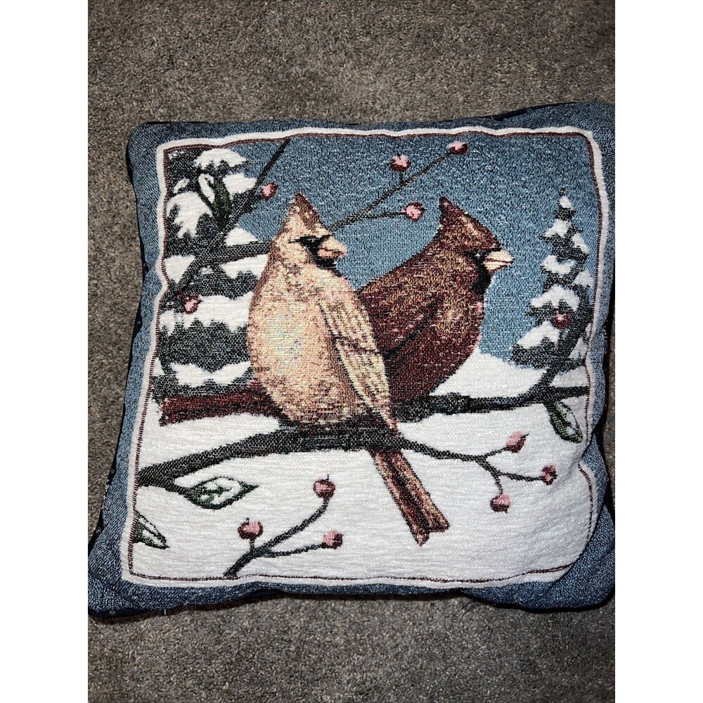 Cardinal Tapestry Accent Throw Pillow Winter Scene Forest Blue Back Red Tan Bird